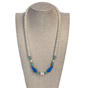 Vintage Sterling Silver Pearl Turquoise Blue Single Strand Necklace 18" (#28)